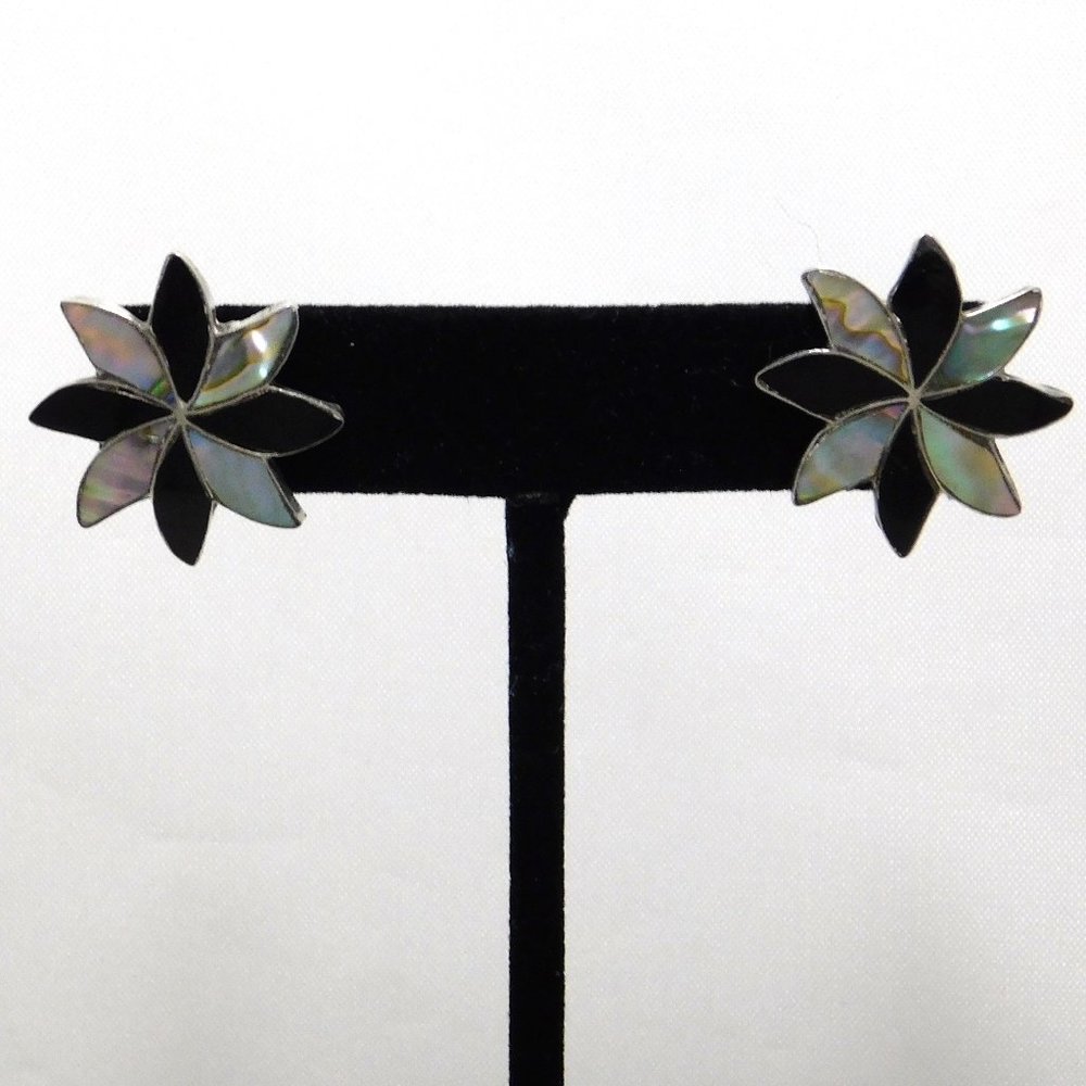 Vintage Taxco Mexican Earrings 925 Sterling Silver Abalone Shell Black Enamel Si